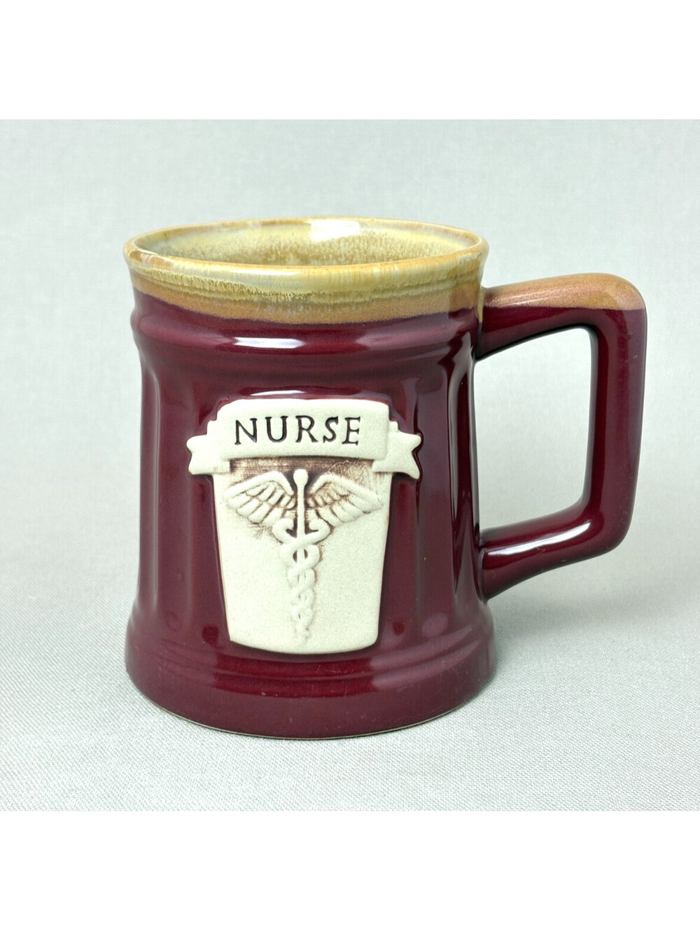 Abbey Press Nurse Mug Maroon Tan Caduceus Medical Emblem Tankard Ceramic 16oz